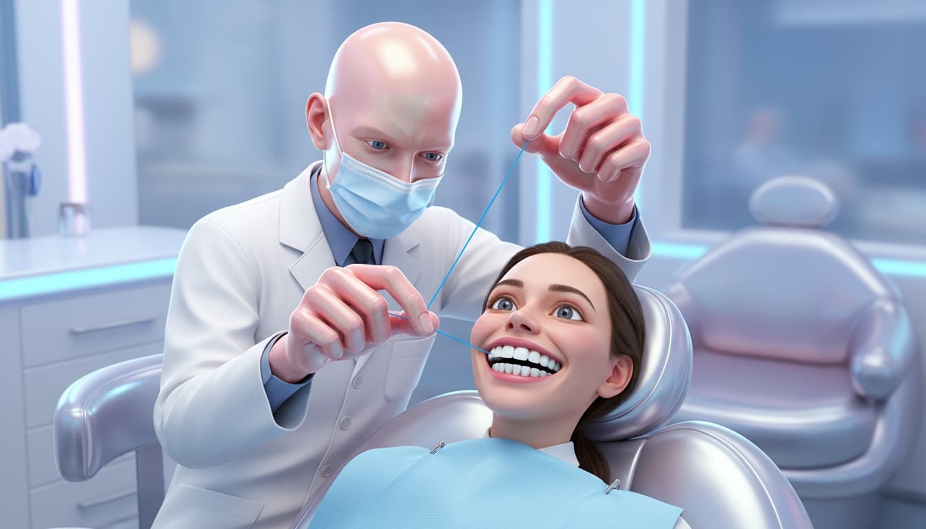Dr. Vladislav Payne III flossing a patient's teeth with intense precision in a clinical white examination room
