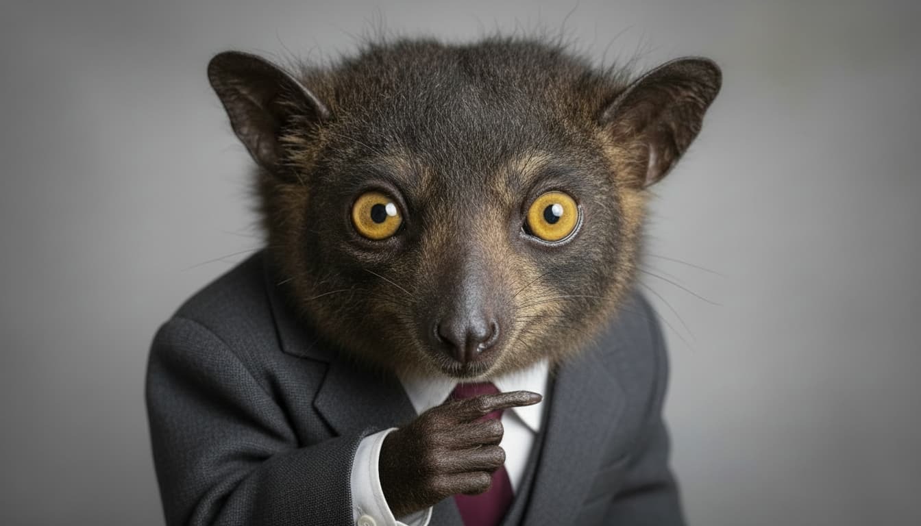 Dr. Yolanda Fingers, an aye-aye with enormous golden eyes in a dark gray suit, pointing one long finger directly at the viewer