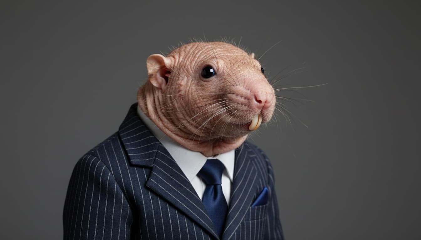 Dr. Reginald Burrow III, a naked mole rat in a navy pinstripe suit and tie, displaying prominent front teeth