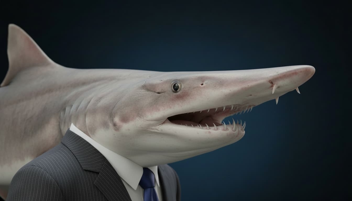 Dr. Bruce Carchardon, a goblin shark in a dark pinstripe suit, mouth open revealing multiple rows of sharp teeth, grinning