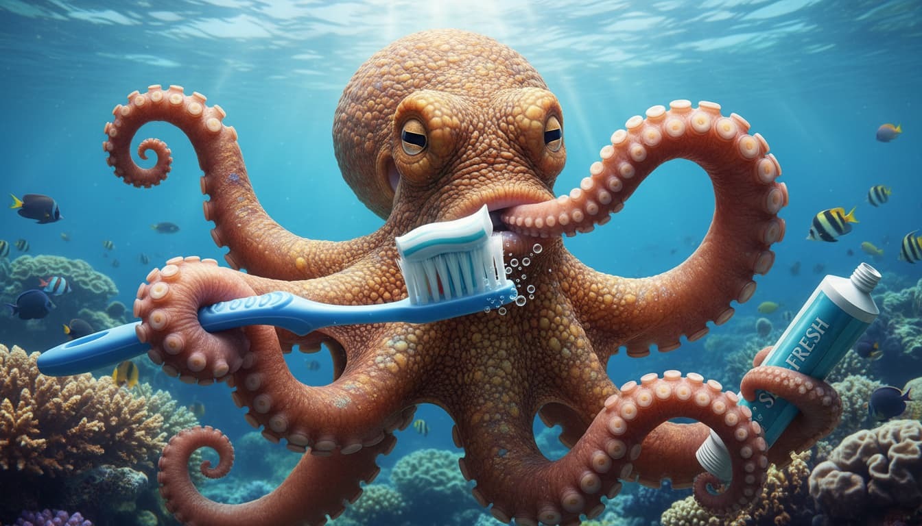 A large brown octopus underwater holding an oversized toothbrush and tube of fresh toothpaste, brushing its own beak amid a coral reef