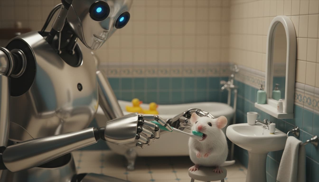 A sleek silver robot carefully brushing the teeth of a small white mouse standing on a tiny stool in a tiled bathroom