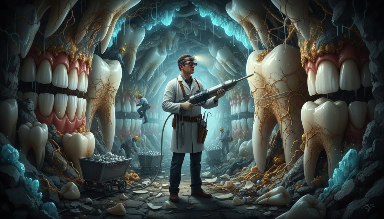 A dentist in a white coat standing in a surreal cave made entirely of giant teeth, performing dental work with a drill