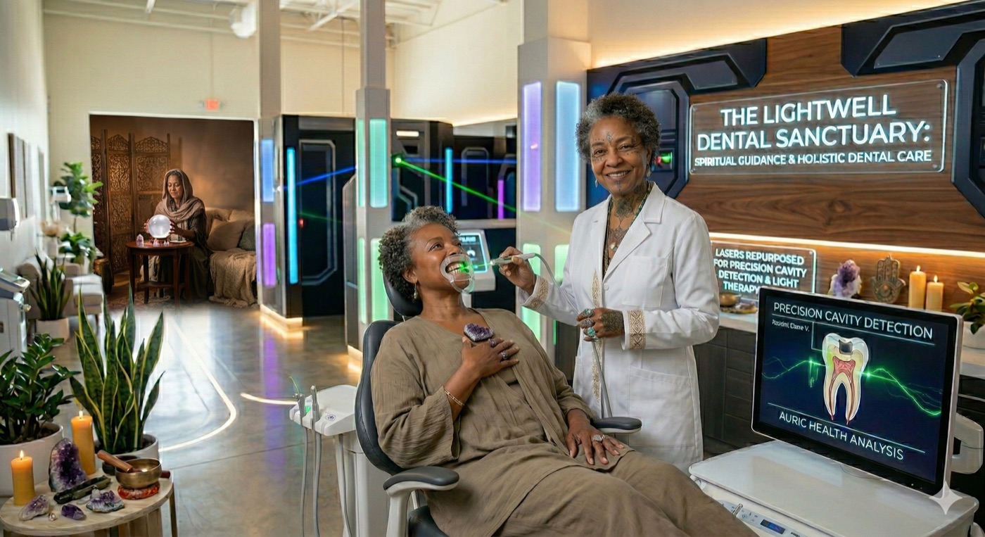 CHOMPERZ™ dental studio — Dr. Molarstone with a patient in the precision cavity detection chair